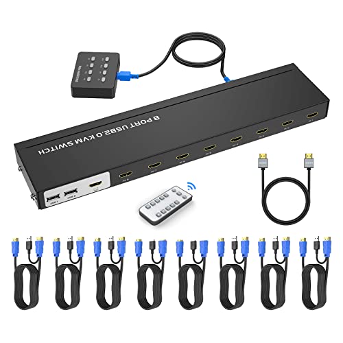 KVM Switch HDMI 8 Port, Yinker 4K@30Hz USB HDMI Rack KVM Console 8 in 1 Out w/9pack Cables 4 USB 2.0 Hubs Desktop Selector IR Remote & Ears