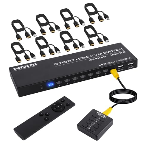 DGODRT 8 Port HDMI KVM Switch, 4K@60Hz HDMI KVM Switch for 8 PCs Share 1 Monitor and 4 USB Devices, Including 8 HDMI Cables and IR Remote Control