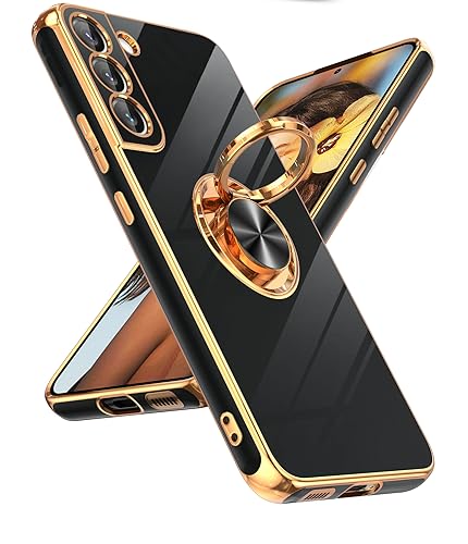 LeYi for Samsung Galaxy S22 Plus Case 360 Rotatable Ring Holder Magnetic Kickstand, Plating Rose Gold Edge Protective Galaxy S22 Plus/ S22+ Case, Black