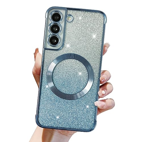 Eiyikof for Samsung Galaxy S22 Plus Magnetic Glitter Case,Luxury Full Protection Glitter Bling Case with Camera Lens Protector Anti-Scratch Shockproof Soft Back Cover for Girls Women-Blue