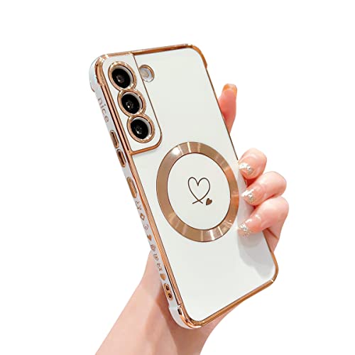 Ponnky Samsung Galaxy S22 Plus Case for Women, Compatible with Magsafe Plating Cute Heart with Magnetic Wirless Charging Design Soft TPU Shockproof Bumper Case for Galaxy S22 Plus/S22+ 6.6inch (White)