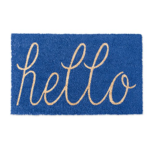 DII Hello Coir Fiber Doormat Non-Slip Durable Outdoor/Indoor, Pet Friendly, 18x30, Blue