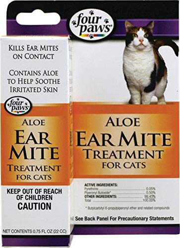 Four Paws Aloe Ear Mite Treatment for Cats, 0.75 Fluid Ounces, Kills on Contact