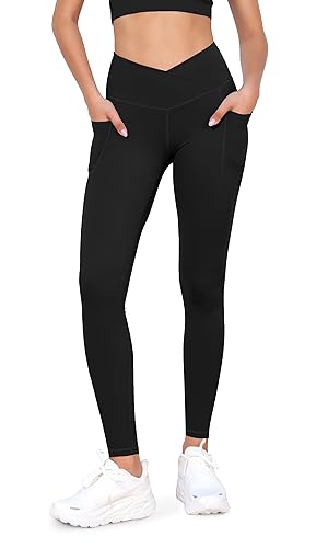 ODODOS Cross Waist Yoga Leggings for Women with Pockets, Non See-Through Crossover Workout Running Yoga Pants-Inseam 28", Black, Large