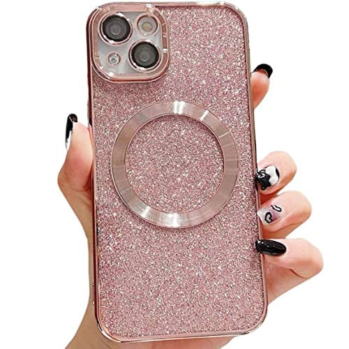 IAIYOXI Compatible with iPhone 14 Plus Magnetic Glitter Case, Luxury Plating Cute Bling Clear Phone Case with Camera Protector Back Cover - Best Gift for Women and Girls (Pink)