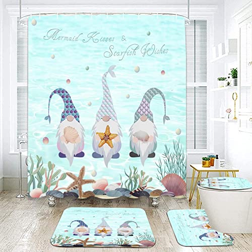 Godeufe Mermaid Gnome Shower Curtain Sets 4Pcs with Summer Decorations Non-Slip Rug, Toilet Lid Cover, Bath Mat and 12 Hooks Durable Waterproof Bath Curtain (Water Ripplest)