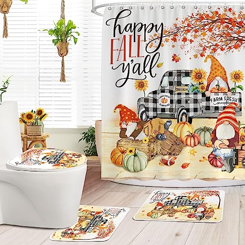 Fall Shower Curtains for Bathroom Set, Gnome Fall Bathroom Decor 4 PCS, Plaid Autumn Fall Shower Curtain Set, Non-slip Rug, Toilet Lid Cover, Bathroom Rug, Black White Bath Curtains with Hooks 72"X72"