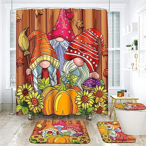 Autumn Fall Gnomes Bathroom Sets with Shower Curtain and Rugs and Accessories, Pumpkin Sunflowers Orange Shower Curtain Sets, Thanksgiving Shower Curtains for Bathroom Decor 4 Pcs