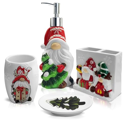 Christmas Bathroom Accessory Sets of 4, Gnome Christmas Bathroom Decor Gnome Decorations, Gnome Bathroom Tumbler, Soap Dispenser, Toothbrush Holder, Christmas Tree Soap Dish, for Women