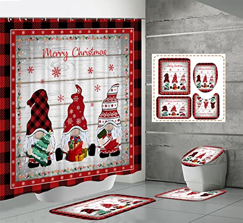 Gnome Christmas Bathroom Sets with Shower Curtain and Rugs, Merry Christmas Shower Curtain Set with Bath Mat, Xmas Bathroom Decor Set (Colorful Gnome)