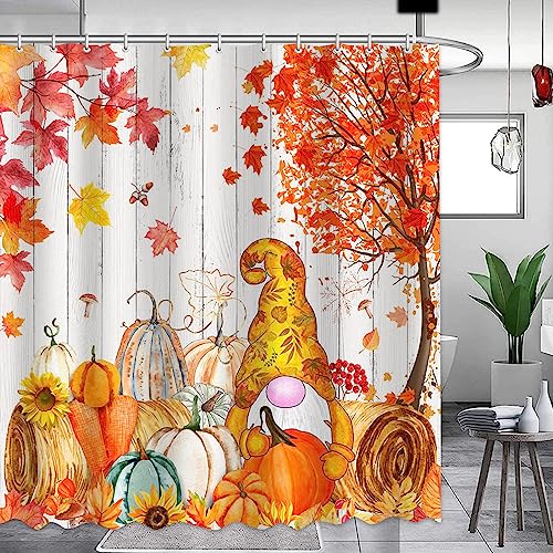 APROPHIC Fall Shower Curtain for Bathroom Decor Farmhouse Gnomes Pumpkin Sunflower Maple Leaves Autumn Thanksgiving Waterproof Fabric Shower Curtains Set with 12 Hooks 72"X72"