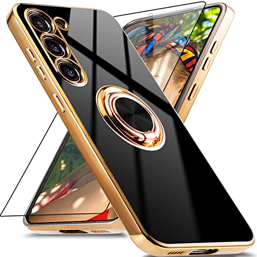 Aitipy for Samsung Galaxy S23 Plus Case with Screen Protector, Built-in 360 Rotation Ring Holder Magnetic Stand, Luxury Shiny Plating Edge Shockproof Electroplated Protective Cover (Black/Golden)