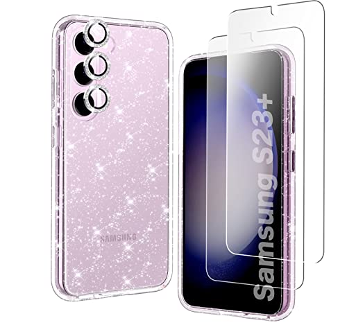 KIOMY Glitter Clear Case for Samsung Galaxy S23 Plus 5G with Diamond Sparkle Camera Lens Protector + 2 Pack Tempered Glass Screen Protector, Sparkly Shockproof Protective Girl Cover (for Samsung S23+)