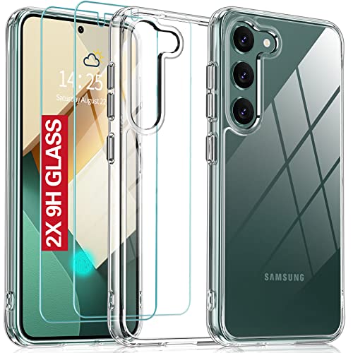 Oterkin for Samsung Galaxy S23 Plus Case Clear,[20X Anti-Yellowing] S23 Plus Case with [2Pcs Tempered Glass Screen Protectors][Built-in 4 Airbags][10FT Dropproof] Samsung Galaxy S23+ Case (Clear)