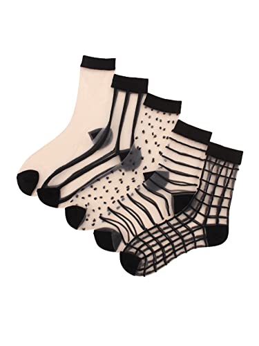 Verdusa Women's 5 Pairs Striped Plaid Mesh Sheer Socks Black one-size