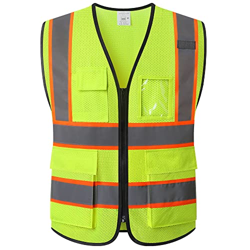 Ekkosafety Reflective Mesh Safety Vest for Men Women with 5 Pockets and Zipper Front High Visibility Mesh Vest Hi Vis Construction Work Vest,Meets ANSI/ISEA Standards(EK175-Yellow-2XL-1)