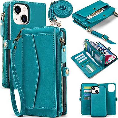 DKDKSIP for iPhone 14 Plus Wallet Case for Women, Support Wireless Charging with RFID Blocking Card Holder, Leather Zipper 2 in 1 Detachable Magnetic Phone Case with Crossbody Strap Wristlet, Blue