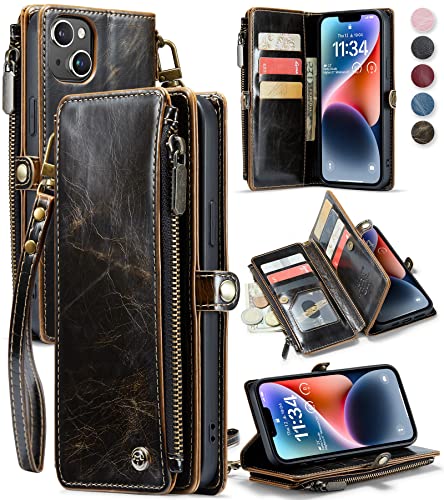 Defencase iPhone 14 Plus Wallet Case, iPhone 14 Plus Case Wallet for Women Men, Vintage Leather Magnetic Bukckle Flip Wrist Strap Zipper Card Holder Phone Case for iPhone 14 Plus [6.7"], Luxury Coffee