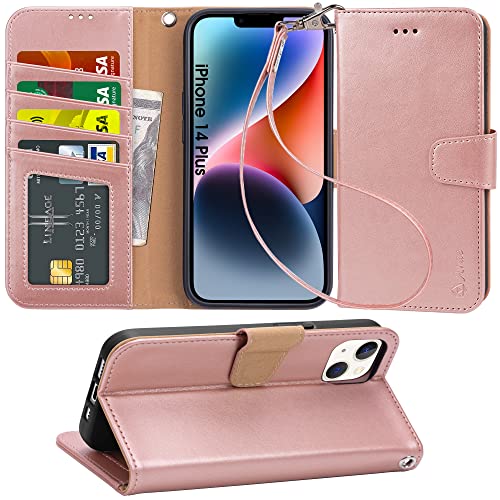 Arae Compatible with iPhone 14 Plus Case Wallet Flip Cover with Card Holder and Wrist Strap for iPhone 14 Plus 6.7 inch-Rose Gold