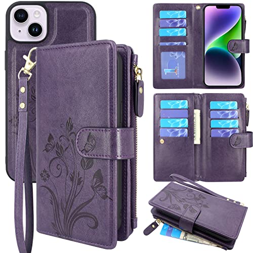 Lacass Compatible with iPhone 14 Plus 6.7 inch Case [ Card Slots] ID Credit Cash Holder Zipper Pocket Detachable Magnet Leather Wallet Cover with Wrist Strap Lanyard(Floral Dark Purple)