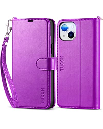 TUCCH Wallet Case for iPhone 14 Plus 6.7-inch 5G, RFID Blocking 4 Card Slot Magnetic Lanyard [Wriststrap], Stand PU Leather Shockproof TPU Shell Compatible with iPhone 14 Plus, Purple with Wristlet