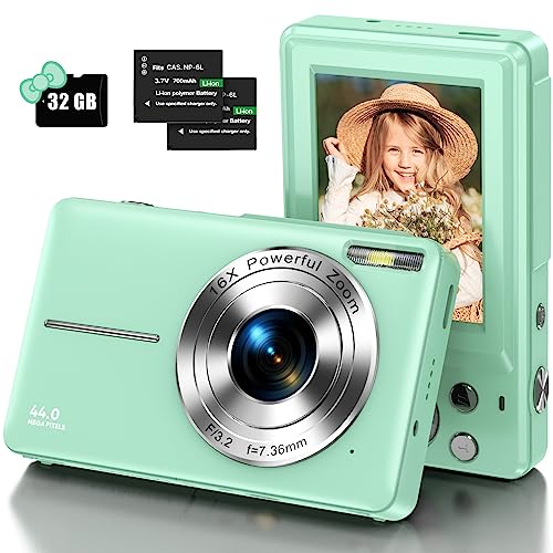 Digital Camera, Kids Camera with 32GB Card FHD 1080P 44MP Vlogging Camera with LCD Screen 16X Zoom Compact Portable Mini Rechargeable Camera Gifts for Students Teens Adults Girls Boys-Green