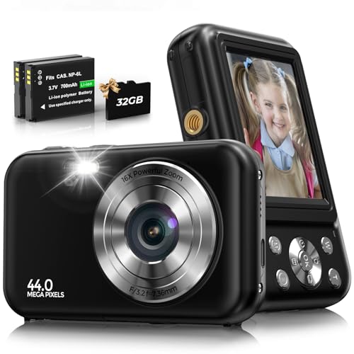 Digital Camera, FHD 1080P 44MP Kids Camera for Photography with 32GB Card, 16X Zoom Point and Shoot Digital Camera with Fill Light, Anti-Shake Compact Small Camera for Teens Boys Girls (Black)