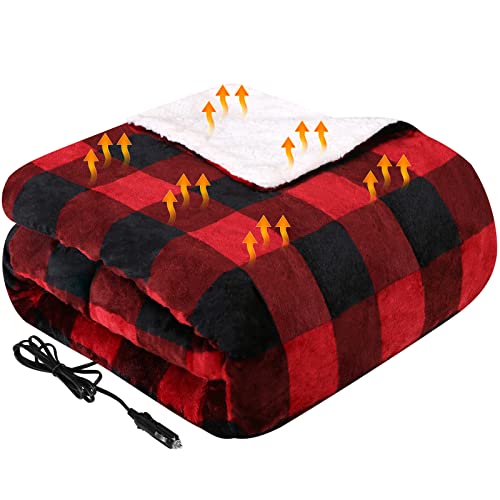 Westinghouse Heated Car Blanket with 3 Heating Levels, 4 Hours Auto Off, 12 Volt Electric Blanket for Car, Truck, SUV, RV, Machine Washable, 59" x 43, (Red Buffalo Plaid)