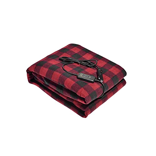 Amazingforless Plaid 12V Heated Fleece Car Blanket with Controller for Timer & Heat Levels Plaid Electric Car Blanket (Red Plaid)