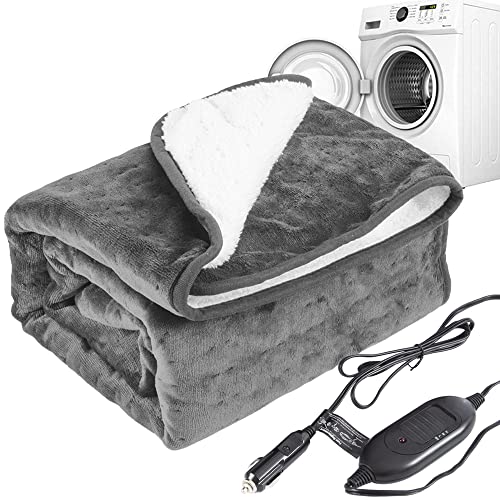 Machine Washable Car Electric Blanket Flannel Sherpa 12 Volt Heated Travel Blanket Plug in Heating Throw for Car Truck SUV Van 40x55 with Controller 3 Heating Level Gray