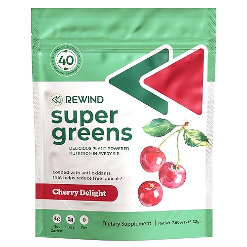 Rewind Greens - Super Greens Powder - Delicious Green Juice Drink Mix with Amazing Flavor - Over 40 Superfoods - Vitamin B12, Zinc, Vitamin C, Magnesium, and Calcium - Cherry Delight