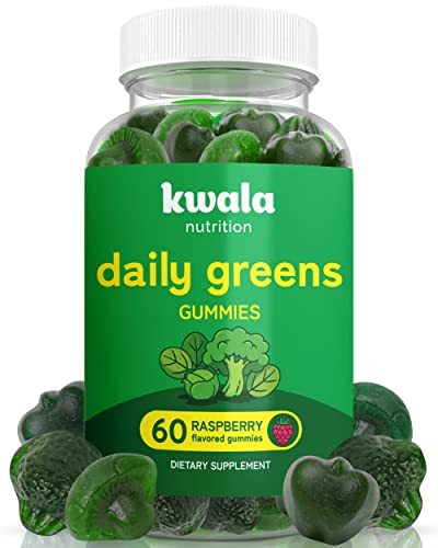Kwala Nutrition Daily Super Greens Gummies to Boost Energy - 8 Blends with Veggies, Lions Mane Mushroom, Spirulina and Ashwagandha - Vegetable Supplements - Vegan, Non-GMO - Raspberry Flavor
