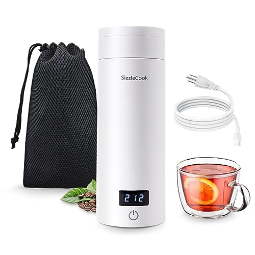 SizzleCook White Electric Travel Kettle, 380ml Portable Small Hot Water Boiler for Camping, Tea Coffee Maker Stainless Steel with Real-Time Temperature Display, Auto Shut-Off(with Large Carrying Bag)