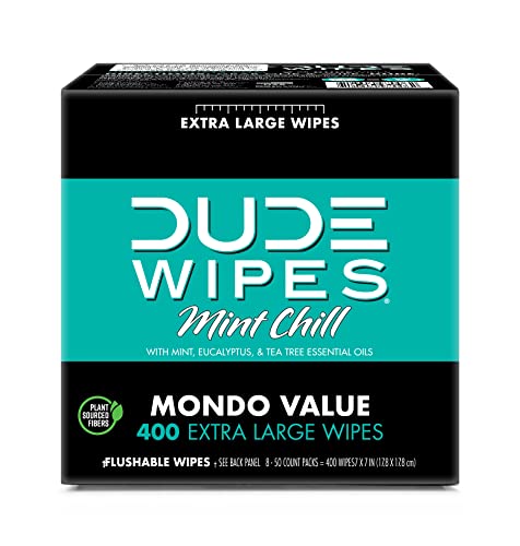 DUDE Wipes - Flushable Wipes - 8 Pack, 400 Wipes - Mint Chill Extra-Large Adult Wet Wipes - Eucalyptus & Tea Tree Oil - Septic and Sewer Safe