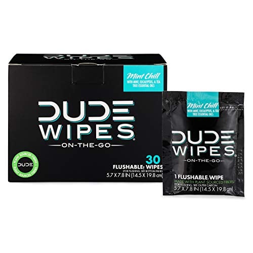 DUDE Wipes - On-The-Go Flushable Wipes - 1 Pack, 30 Wipes - Mint Chill Extra-Large Individually Wrapped Adult Wet Wipes - Eucalyptus & Tea Tree Oil - Septic and Sewer Safe