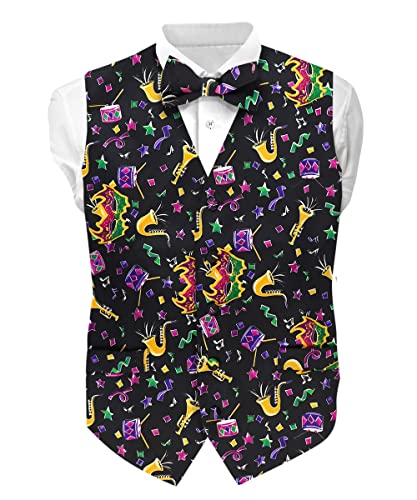 Vittorio Farina Premium Suit Vest for Men 2PC Set - Vest & Bow Tie (Vibrant Colorful Celebration, XL)