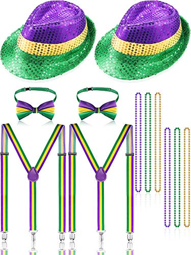 Mardi Gras Accessories Set Include 2 Pieces Mardi Gras Sequin Hat 6 Pieces Mardi Gras Beads Necklace 2 Pieces Mardi Gras Costume Suspenders and 2 Pieces Bowknot Bowtie for Mardi Gras Decorations