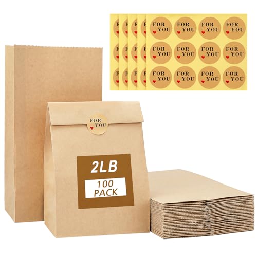 100PCS Paper Lunch Bags, 2Lb Brown Paper Bags Bulk, Durable Paper Take Out Bags with 108pcs Sticker, Kraft Paper Grocery Bags for Lunch, Breakfast, Sandwiches, Cookies, Candy, Craft, 3.5x2.1x7"