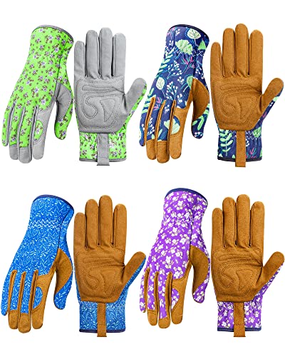 Yahenda 4 Pairs Leather Garden Gloves for Women Working Gardening Gloves Cowhide Breathable Thorn Proof Cactus Gloves for Lawn Yard Weeding Digging Planting Pruning Cutting Raking Gardening Gift