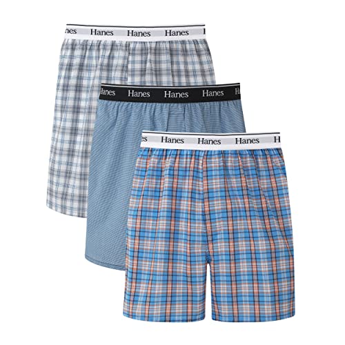 Hanes Originals Cotton Woven Boxers Pack, Moisture-Wicking Underwear for Men, 3-Pack, Blue Plaids, Medium