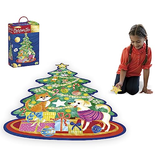 Peaceable Kingdom Shimmery Christmas Tree Floor Puzzle  Giant Floor Puzzle for Kids Ages 3 & up  Fun-Shaped Puzzle Pieces  Great for Classrooms