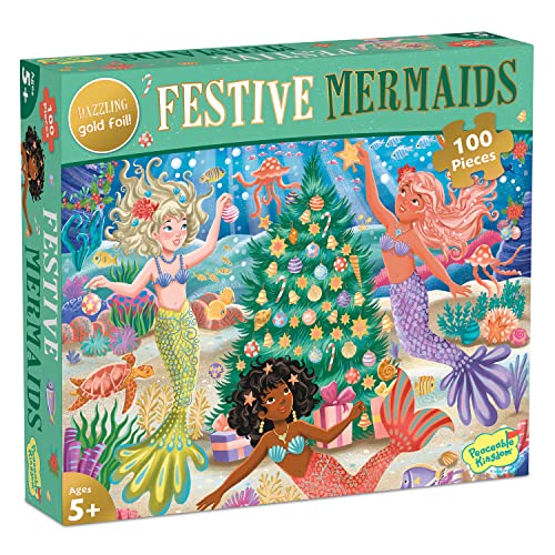 Peaceable Kingdom Shimmery Festive Mermaids Puzzle  100-Piece Puzzle for Kids Ages 5 & up  Dazzling Gold Foil Puzzle Pieces  Great for Classrooms