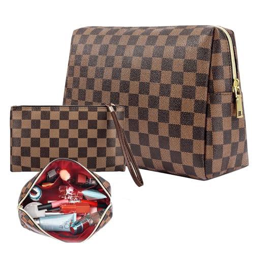 BAGCRAZY Checkered Makeup Bag, Portabel Leather Large Cosmetic Bag, 2 Pack Large Capacity Travel Cosmetic Bag for Women, Lightweight Design and Waterproof Toiletries Bag Christmas Halloween Gifts