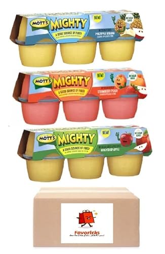 Mott's Mighty No Sugar Added Unsweetened Applesauce Cups Variety Pack Includes Honeycrisp Apple, Strawberry Peach and Pineapple Banana Flavors (18 Cups Total) Packaged by Favoricks