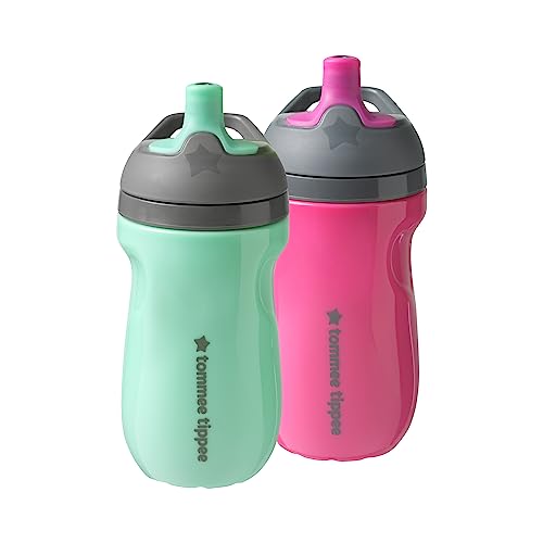 Tommee Tippee Insulated Sporty Bottle, Sippy Cup for Toddlers, 12 months+, 9oz, Spill-Proof, Easy to Hold Handle, Bite Resistant Spout, Pack of 2, Pink and Mint