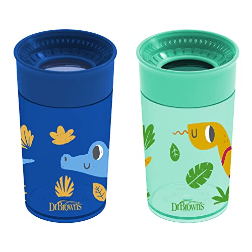 Dr. Brown's Milestones Cheers 360 Cup Spoutless Transition Cup, Travel Friendly & Leak-Free Sippy Cup, Blue Alligator  Turquoise Snake, 10 oz/300 mL, 2 Pack