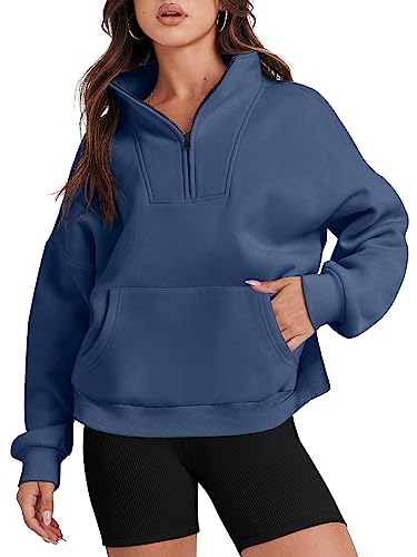 ANRABESS Cropped Hoodies For Womens Half Zip Oversized Sweatshirts Quarter Zip Fleece Pullover Teen Girls Y2K Fall Winter Trendy Crop Tops Clothes A1024-zanglan-M Navy Blue