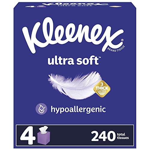 Kleenex Ultra Soft Facial Tissues, 4 Cube Boxes, 60 Tissues per Box, 3-Ply (240 Total Tissues), Packaging May Vary