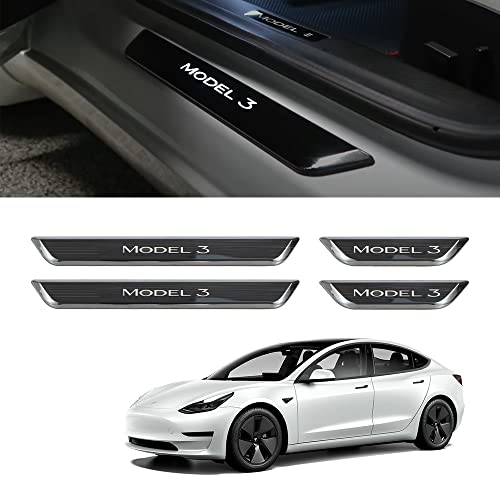 HANSSHOW Door Sill Protector with LED Light for Tesla Model 3 2017-2023, 4 Pieces Front/Rear Illuminated Door sill, Magnetically Controlled Illuminated Door Edge Guards Anti-Scratch