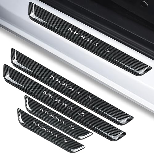 TSLAUCAY Tesla Model 3 Illuminated Door Sill Protector for 2017-2023 4 PCS Model 3 Door Sill Illuminated with Magnetic Control Door Sill Light Scuff Plate Door Entry Guard for Model 3-Carbon Fiber